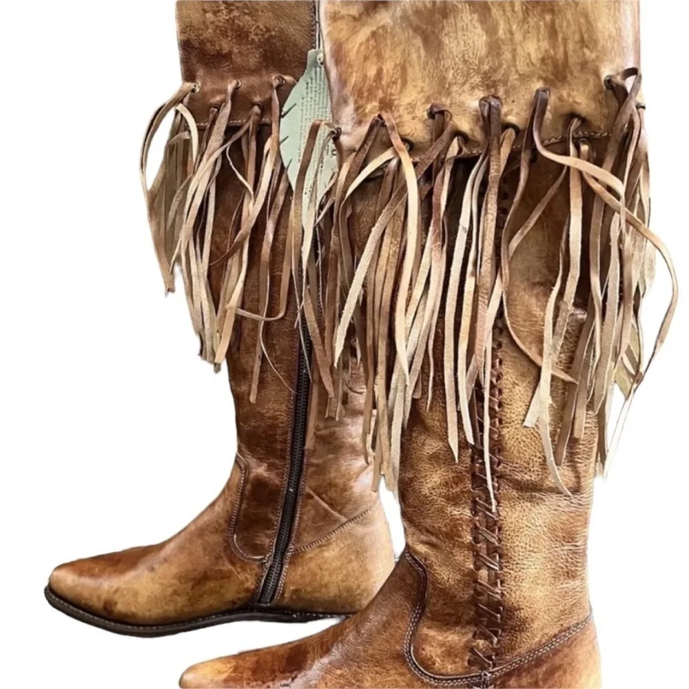 BED STU Hoplia Tan Driftwood Fringe Trim Riding Boots Size 7.5